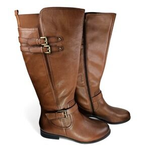 Naturalizer Knee High Boots 11 Wide Brown Burnished Pebbled Leather Zip Buckles